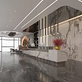 Modern Hotel Lobby With Circular Ceiling Lights Moon Shaped Decor Green Plants And Marble Floor