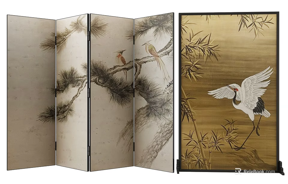 Traditional Folding Screen With Pine Bamboo Birds And Crane Art 3d model 