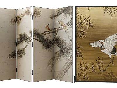 Traditional Folding Screen With Pine Bamboo Birds And Crane Art 3d model