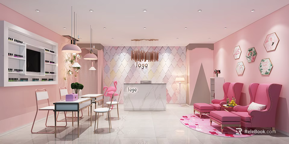 Elegant Pink Beauty Hair Salon Interior With Reception Desk Pink Chairs Chandeliers And Decorative Wall 3d model 