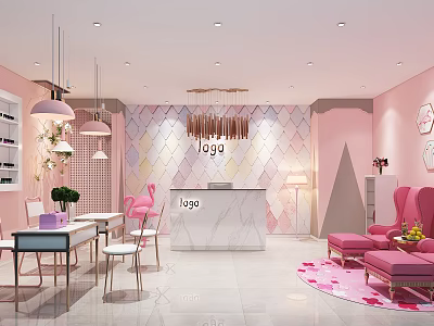 Elegant Pink Beauty Hair Salon Interior With Reception Desk Pink Chairs Chandeliers And Decorative Wall 3d model