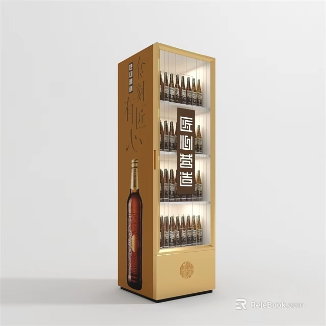 Elegant Golden Wine Refrigerator Cabinet With Bottles Cigars And Lighting 3d model 