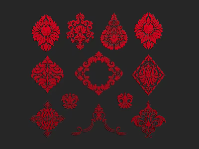 Red Decorative Patterns With Floral Diamond Square And Curly Artistic Designs 3d model