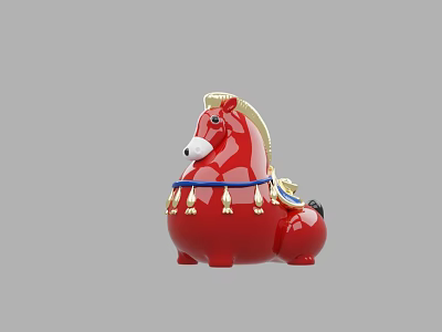 Red Horse Sculpture With Cute Round Shape Golden Mane And Blue Decorative Tassels 3d model