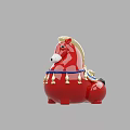 Red Horse Sculpture With Cute Round Shape Golden Mane And Blue Decorative Tassels
