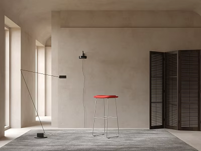 Modern Red Bar Stool with Metal Frame in Minimalist Interior Grey Carpet and Floor Lamp 3d model