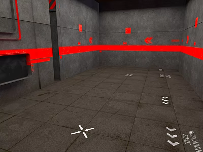 Public Office Space Featuring Gray Walls Red Accent Lines Gray Tiled Flooring And White Directional Markers 3d model