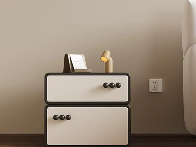Bedside Table With Two White Drawers Black Frame Black Knobs Table Lamp And Photo Frame 3d model