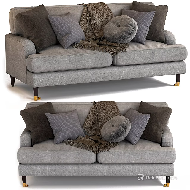 Gray Sofa Set With Multiple Pillows And Throw Blanket On Gold Legs 3d model