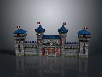 Detailed 3D Castle Model With Blue Roofed Towers Stone Walls And Flags 3d model