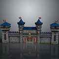Detailed 3D Castle Model With Blue Roofed Towers Stone Walls And Flags