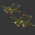 Spacecraft Model With Twin Green Fuselage And Yellow Propellers Design
