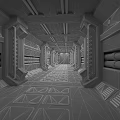 Futuristic Sci-Fi Corridor Interior With Metallic Structures Illuminated Ceiling Lights And Pipes 3d model