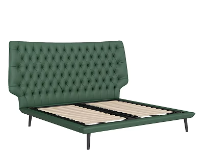 Double Bed with Green Tufted Leather Headboard and Black Metal Legs Featuring Wooden Slats 3d model