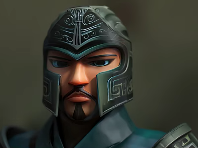 Doll With Intricate Patterned Helmet Beard And Serious Expression In Armor Costume 3d model