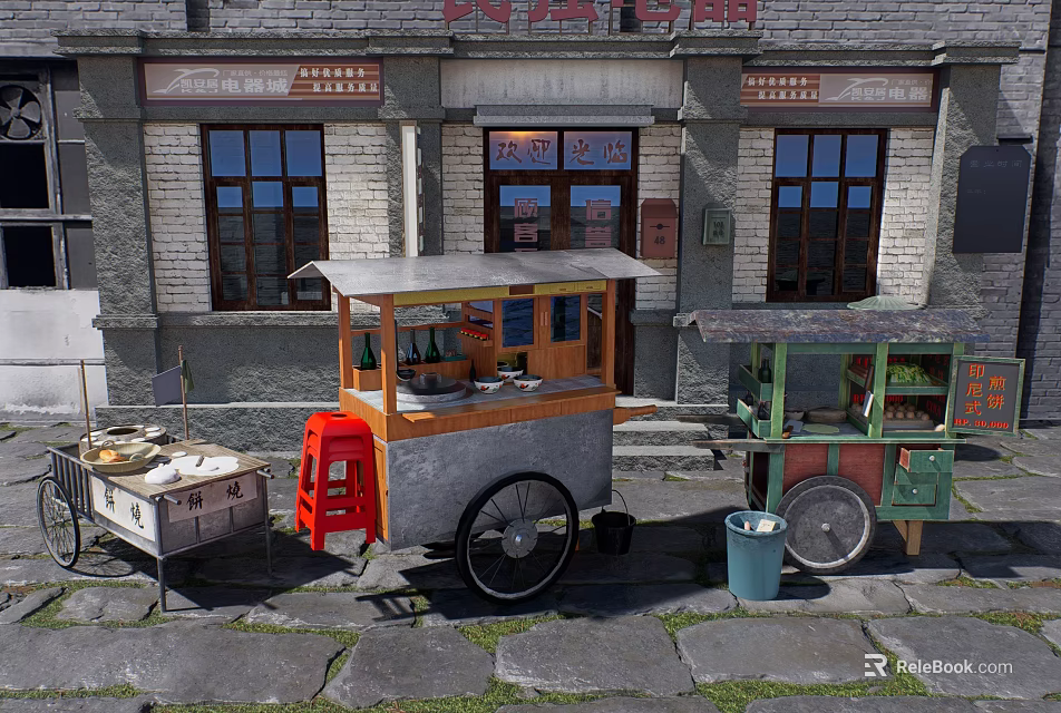 Urban Public Food Carts With Red Stools Green Cart White Box And Blue Trash Can 3d model 