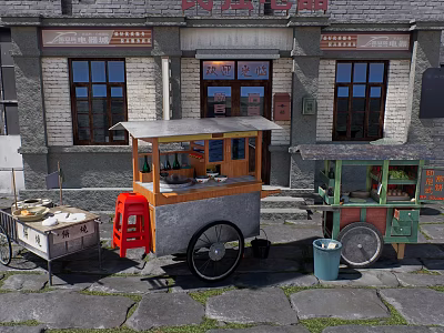 Urban Public Food Carts With Red Stools Green Cart White Box And Blue Trash Can 3d model