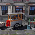 Urban Public Food Carts With Red Stools Green Cart White Box And Blue Trash Can