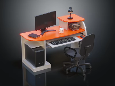 Modern Office Desk With Orange Surface Black Monitor Lamp Books Coffee Cup And Chair 3d model