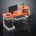 Modern Office Desk With Orange Surface Black Monitor Lamp Books Coffee Cup And Chair