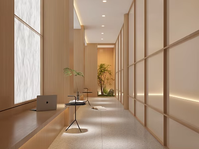 Modern Office Corridor Interior Design With Wooden Walls Natural Light Bench And Green Plant 3d model