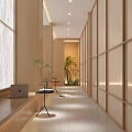 Modern Office Corridor Interior Design With Wooden Walls Natural Light Bench And Green Plant