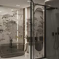 Modern Bathroom Interior With Freestanding Bathtub Large Mirror Open Shelves And Shower Space