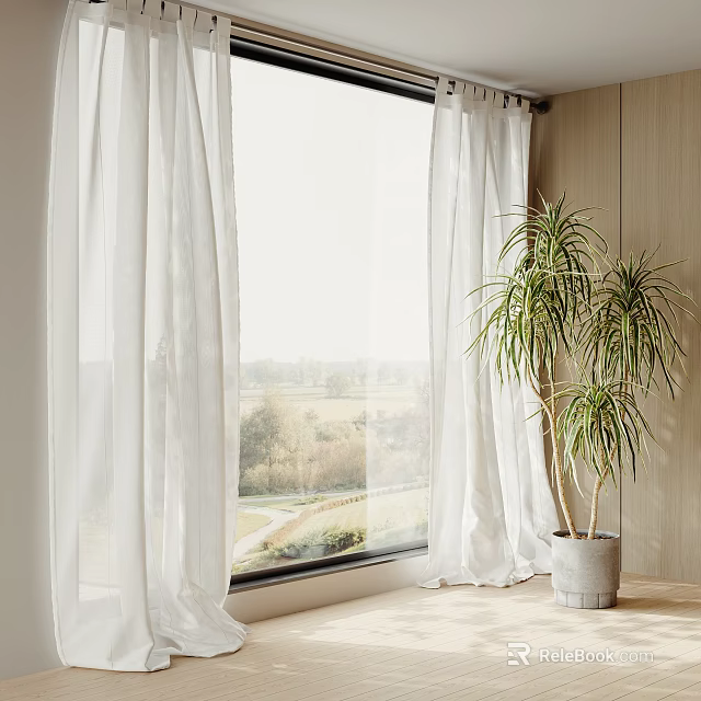 White Curtains Framing Large Window With Countryside View Wooden Wall And Potted Plant 3d model 
