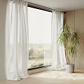 White Curtains Framing Large Window With Countryside View Wooden Wall And Potted Plant