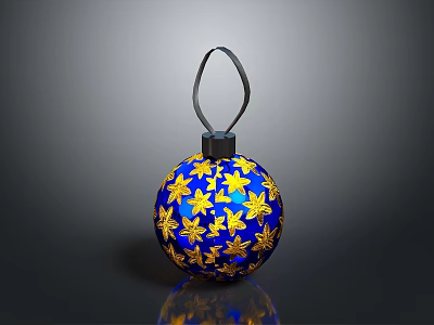 Blue Decorative Ball With Gold Star Patterns And Black Hanging Loop For Home Decoration 3d model
