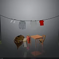 Outdoor Laundry Scene With Clothesline Hanging Clothes Small Boat Table And Chair