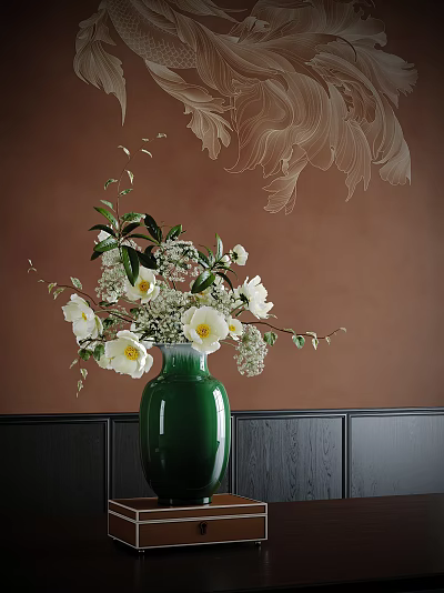 Green Vase With White Flowers And Green Branches On Brown Wall With Floral Pattern 3d model