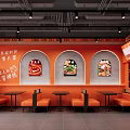 Vibrant Restaurant Interior With Arched Windows Red Orange Decor And Dining Tables 3d model