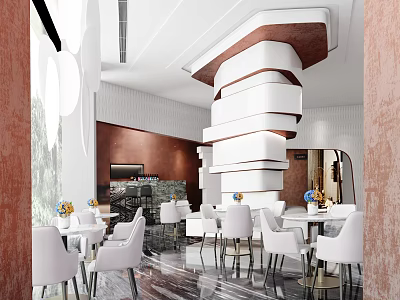 Elegant Modern Lounge Area Interior With White Chairs Bar Counter And Green Plants 3d model