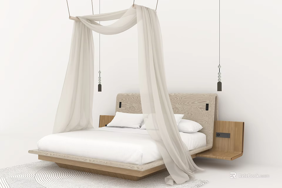 Modern Double Bed Design With Wooden Frame White Canopy And Soft Headboard 3d model 