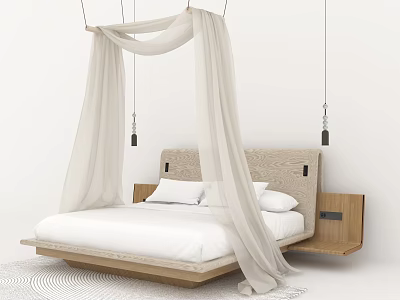 Modern Double Bed Design With Wooden Frame White Canopy And Soft Headboard 3d model