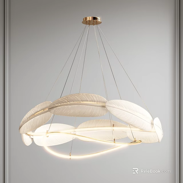 Modern White Feather Shaped Chandelier With Golden Metal Chains And Ring Light Design 3d model 