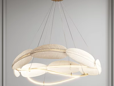 Modern White Feather Shaped Chandelier With Golden Metal Chains And Ring Light Design 3d model