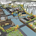 Vibrant Commercial Street Along Riverside With Pedestrian Bridge And Historic Modern Buildings