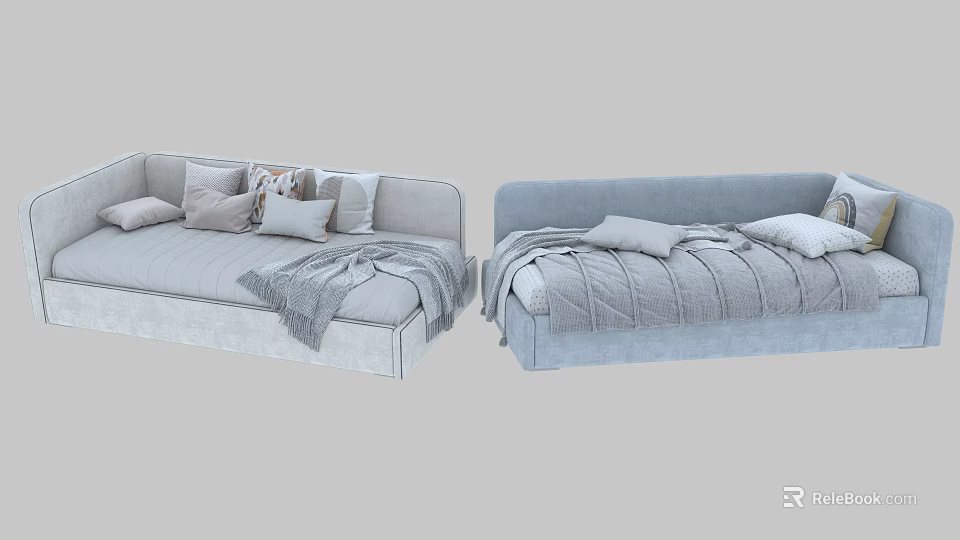 Light Gray Modern Sectional Sofa With Soft Pillows And Cozy Blanket 3d model