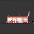 Gas Station Building With Red Exterior White Roof Fuel Pumps And Red Car