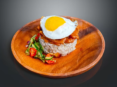 Delicious Grilled Meat Rice Bowl With Fried Egg And Fresh Vegetable Salad 3d model