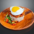 Delicious Grilled Meat Rice Bowl With Fried Egg And Fresh Vegetable Salad