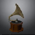 Vintage Gramophone Design With Brass Horn Wooden Base Round Turntable And Black Disc