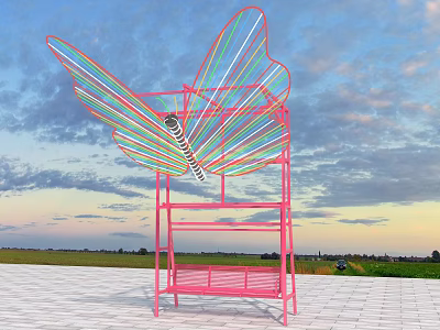 Garden Landscape With Butterfly Shaped Pink Art Installation And Colorful Stripes 3d model