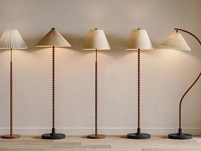 Modern Floor Lamps With Pleated Shades And Decorative Poles Arranged Against Wall 3d model