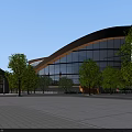 Unique Modern Cultural Center Building With Curved Design And Water Reflection Surrounded By Trees