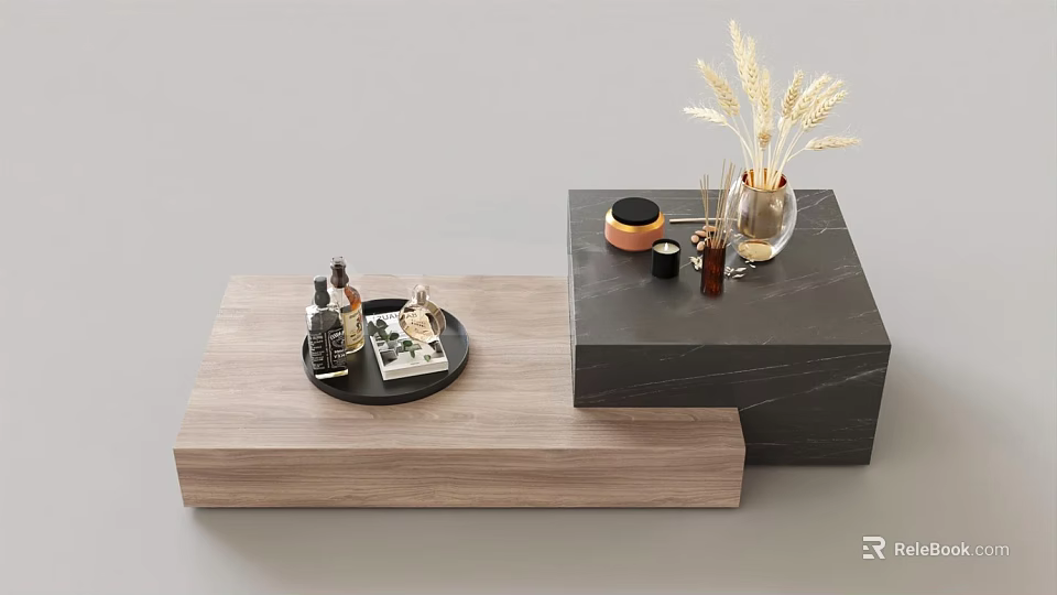 Wooden And Black Marble Coffee Tables With Tray Magazine Wheat Vase Scented Candle And Decor 3d model 