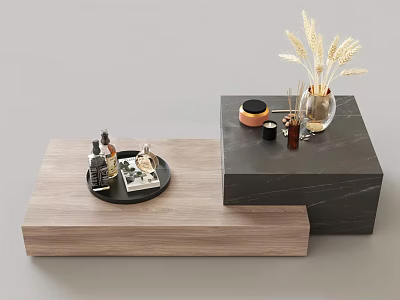 Wooden And Black Marble Coffee Tables With Tray Magazine Wheat Vase Scented Candle And Decor 3d model