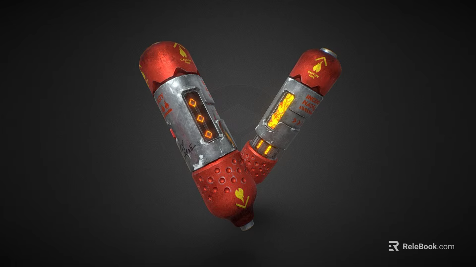 Red Silver Dual Barrel Weapon With Yellow Glowing Elements Flame Patterns And Metallic Surface Structure 3d model 